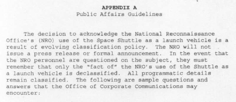 Excerpt from a newly declassified document titled Declassifying the ‘Fact of’ the NRO’s Use of the Space Shuttle as a Launch Vehicle (National Reconnaissance Office/FOIA)